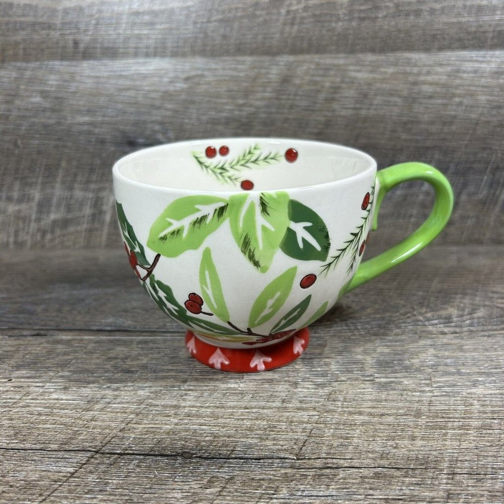 Dutch Wax Footed Mug Christmas Holly Berries Hand Painted Ceramic Holiday